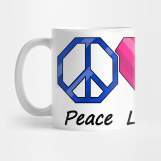 Peace, Love, and Pride design in Bisexual pride flag colors Mug